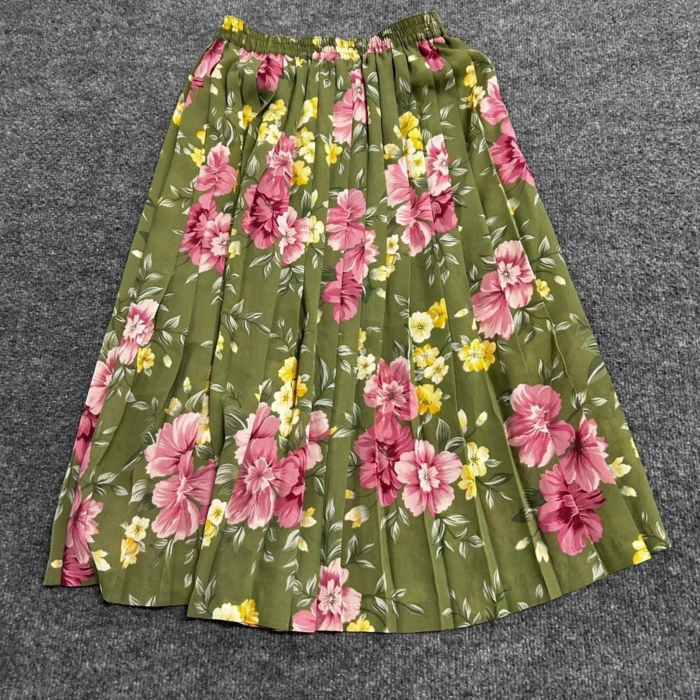 Alfred Dunner Skirt Womens Size 12P Green Floral Pleated Elastic Waist Midi